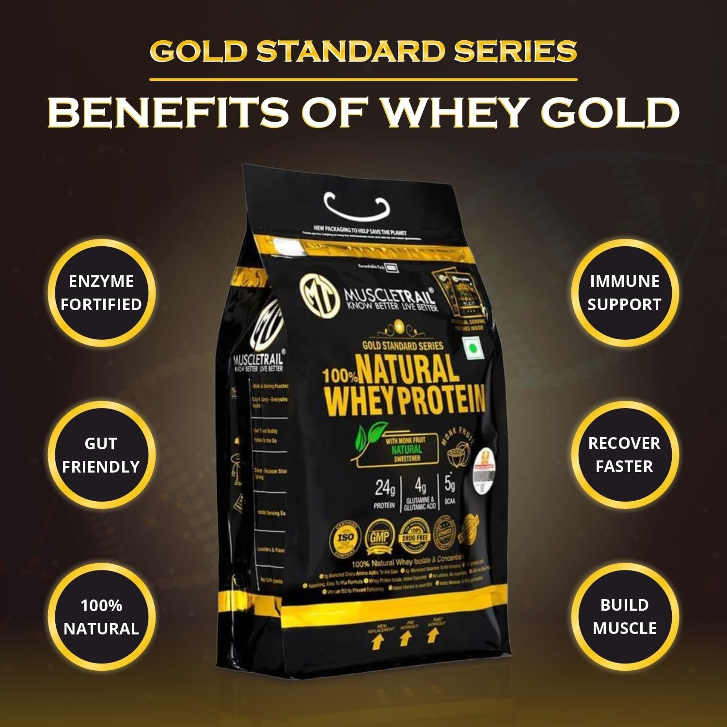 MuscleTrail Gold Standard Series |70 Pouches |Low Carb & Fat |Shaker Inside |24G Natural Whey Protein Powder