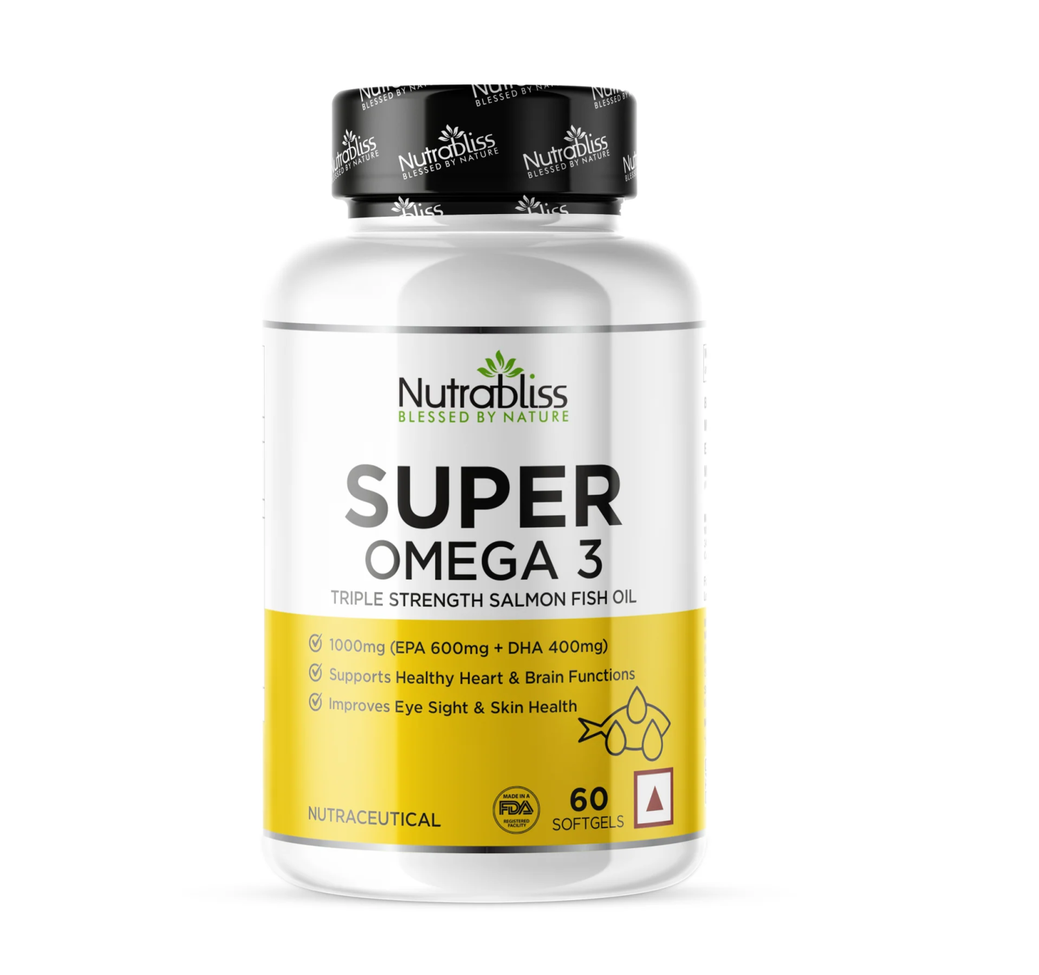 NUTRABLISS SUPER OMEGA 3 TRIPLE STRENGTH FISH OIL EPA 600 MG DHA 400 MG 60 SOFTGELS